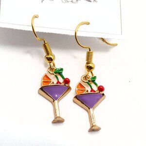 Handmade Goldtone & Retro Purple Enamel Martini Glass Earrings, New